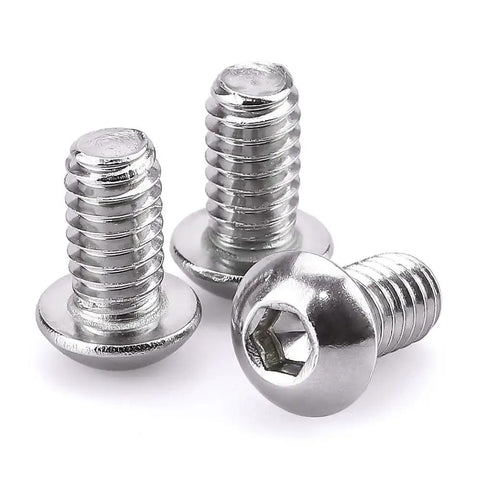 Fifty Pack Button Head Socket Cap Screws Sized For 10-32 Thread By Half Inch Finely Threaded Eighteen Eight Stainless Steel Hardware showing three screws.
