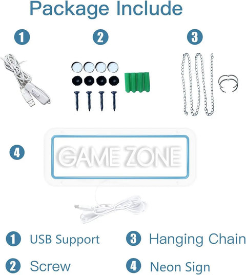 Neon Gaming Sign For Gamer Room Decor LED Light Wall Art That Brightens Bedrooms And Game Rooms With A Cool Neon Glow Ideal For Dorms Bedrooms Man Caves And Teen And Adult Gamers Of All Ages And Styles package contents including USB, screws, chain, and sign.