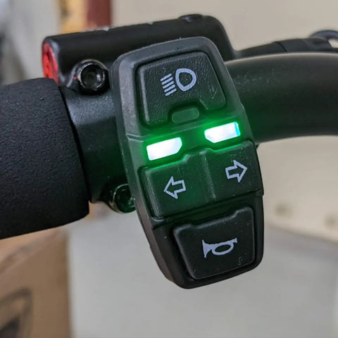 All In One Ride Ready Motorcycle Headlight Switch With Horn And Turn Signals, 3 In 1 E Bike Light On Off Handlebar Button Mount, Universal Wiring For Dirt Bike Scooter Motocross, black plastic handlebar switch with lit indicators