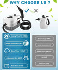 Why choose us comparison showing Hefty Handheld Steam Cleaner With Badass 2500 Watt Power and tank details.