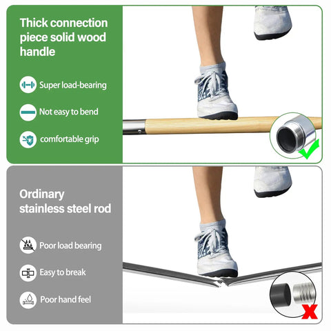 Comparison of solid wood handle and steel rod for Solid Wood Long Handle Weeding Sickle With A 32 Centimeter Extended Blade.