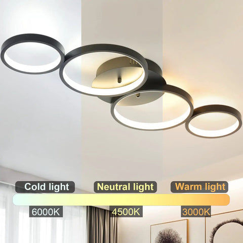 Ultra Sleek Modern LED Flush Mount Ceiling Light With Four Ring Design, 28.7 Inch Black Fixture showing 3 color temps
