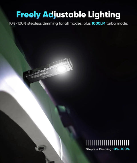 Rugged Rechargeable EDC Flashlight With Turbo Mode, 1000 Lumens LED, Magnetic Base And Clip, illuminating space under vehicle hood.