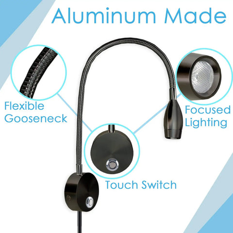 Bedside Wall Mounted Reading Light With Touch Dimmable 3W LED And Three Color Temperatures 3000K 4000K 6000K Narrow 60 Degree Beam