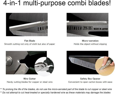 4-in-1 blades of Heavy Duty 6.3 Inch Multipurpose Scissors With 4 In 1 Blades For Cutting Carpet Leather Copper Wire Insulated Cable Cords Rope And More Built In Wire Cutter And Box Cutter Made In Japan