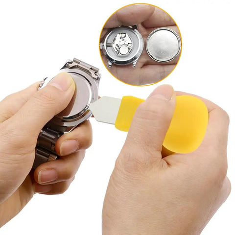 Watch Press Tool Set With 18 Molds Case Closer Crystal Press And Battery Replacement Repair Kit in use