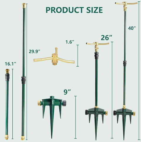 Three Arm Garden Sprinkler Set Tall Adjustable Base Two Pack Lawn Watering System With 360 Degree Rotation Covers Up To 1900 Sq Ft Easy Setup For Large Yards And Gardens product dimensions and components.