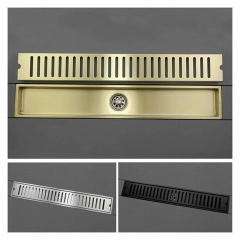 Smooth Brushed Rose Gold Bathroom Shower Drain Rectangular Floor Hair Catcher Filter Tool Free Cleaning, 600 Mm steel grate.