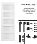 Five Panel Sliding Glass Barn Door Kit With Five Foot Hardware, Waterproof MDF And Frosted Glass For Privacy, shown with hardware