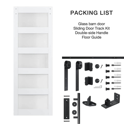 Five Panel Sliding Glass Barn Door Kit With Five Foot Hardware, Waterproof MDF And Frosted Glass For Privacy, shown with hardware