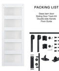 Kick Up Your Home Game With This Slick 32 By 84 Inch Five Panel Sliding Glass Barn Door Full Four Foot Hardware Kit Built Tight Mdf Frosted Privacy Glass Super Smooth Room Divider Nailing Modern Interior Vibes Today, displaying the barn door and hardware components.