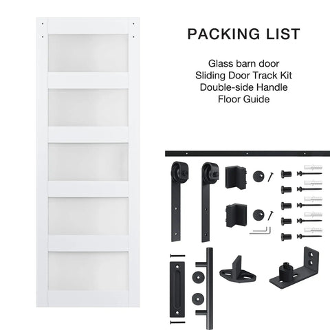 Kick Up Your Home Game With This Slick 32 By 84 Inch Five Panel Sliding Glass Barn Door Full Four Foot Hardware Kit Built Tight Mdf Frosted Privacy Glass Super Smooth Room Divider Nailing Modern Interior Vibes Today, displaying the barn door and hardware components.