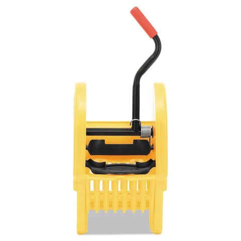 Workhorse Down Press Mop Wringer For WaveBrake Buckets With Jaw Action Grip Ergonomic Comfort Handle And Heavy Duty Steel Build Holds 32 Ounces Of Liquid Yellow tool front view.