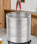 Front view of a 3/8 in x 50 ft 304 stainless steel tubing coil for immersion wort chiller in a beer brewing setup.