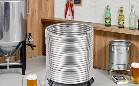 Front view of a 3/8 in x 50 ft 304 stainless steel tubing coil for immersion wort chiller in a beer brewing setup.
