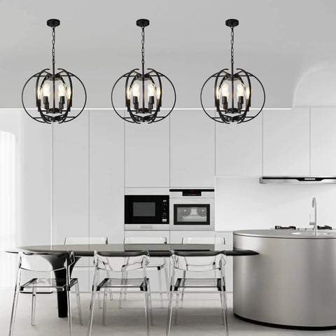 Black Globe Pendant Lights With Six Lights in modern kitchen setting, featuring adjustable industrial-style chandeliers.