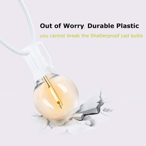 Close-up of an Outdoor Globe String Lights White G40 bulb, shatterproof design over cracked surface, showcasing durability.