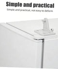 Rock Solid Metal Refrigerator Lower Hinge Assembly Two Piece Set For Freezer And Cooler Doors on a white cooler door.
