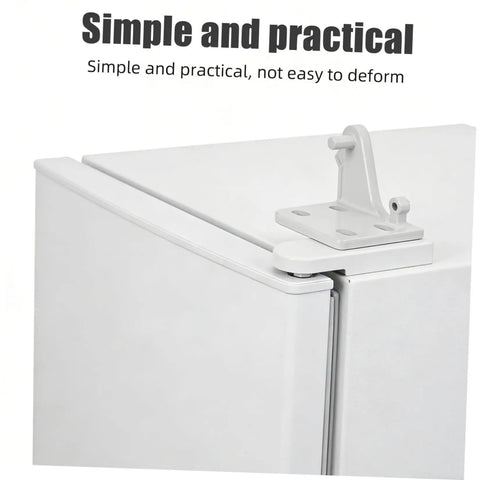 Rock Solid Metal Refrigerator Lower Hinge Assembly Two Piece Set For Freezer And Cooler Doors on a white cooler door.