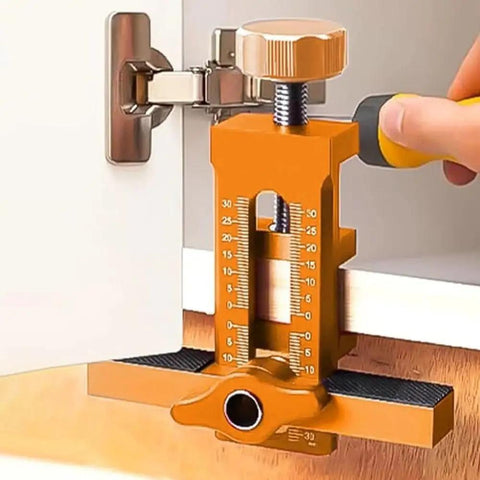 Adjustable Wardrobe Cabinet Door Panel Installer Jig for Easy Cabinet Frame Install Clamp, aluminum alloy, orange finish.