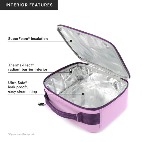 Keep Your Grub Fridge Cold All Day With This Straight Up Sweet Soft Sided Lunch Bag Featuring Double Ice Packs For Office Grind School Runs And Weekend Adventures In Smooth Lavender interior features including SuperFoam insulation and leakproof lining.