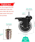 Three Inch Casters With 5/16-18 UNC Threaded Stem Two Casters With Brake Lock And Three Without Locking Bearing Swivel Casters With Screw In Inserts Safe For All Floor Surfaces Imperial Stem Size 5/16 Inch 18 TPI Not For Metric M8 Sockets, English unit illustration, caster dimensions
