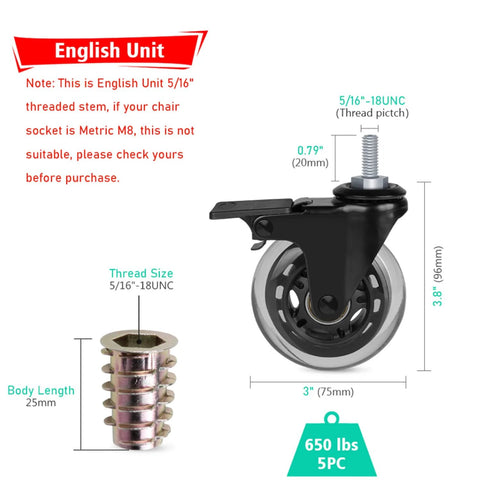 Three Inch Casters With 5/16-18 UNC Threaded Stem Two Casters With Brake Lock And Three Without Locking Bearing Swivel Casters With Screw In Inserts Safe For All Floor Surfaces Imperial Stem Size 5/16 Inch 18 TPI Not For Metric M8 Sockets, English unit illustration, caster dimensions
