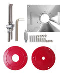 Premium Aluminum Router Table Insert Plate For Precision Wood Trimming Heavy Duty Clamp Base components, including screws and red bushings.