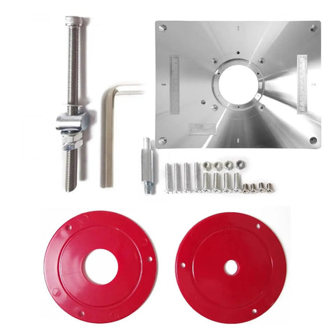 Premium Aluminum Router Table Insert Plate For Precision Wood Trimming Heavy Duty Clamp Base components, including screws and red bushings.
