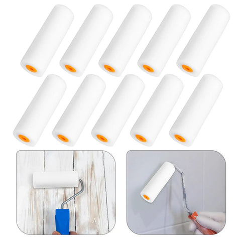 10 Piece Small Sponge Paint Rollers With Slick Plastic Grips And Dense Texture Sleeves For No Fuss Wall Painting Easy Rinse Reusable Build Perfect For Quick Home Refresh Jobs on display, showing rollers in different angles.