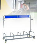 Heavy Duty Metal Tire Storage Rack With Swivel Casters keeps garage tight, featuring grey steel frame and blue accents.