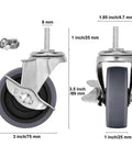 3 Inch Swivel Caster Wheels Featuring M8 Threaded Stem And Reliable Side Lock Brakes Heavy Duty Steel Housing Gray Finish display with measurements.