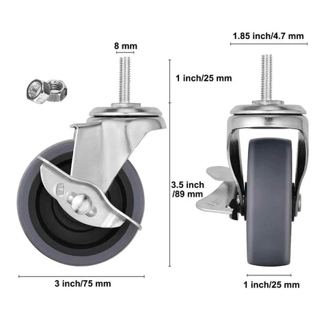 3 Inch Swivel Caster Wheels Featuring M8 Threaded Stem And Reliable Side Lock Brakes Heavy Duty Steel Housing Gray Finish display with measurements.