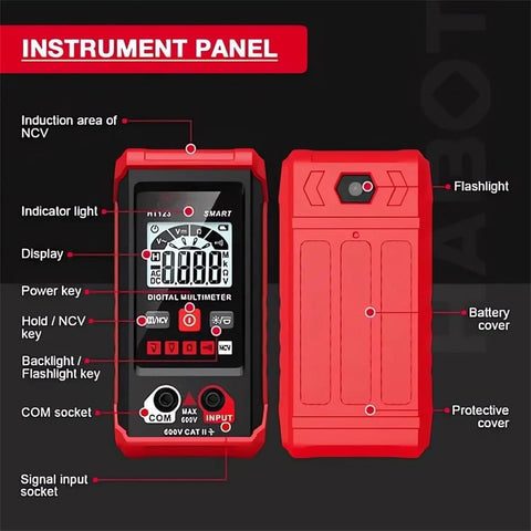 Front and back view of Automatic Digital Multimeter With Auto Ranging And Non Contact Voltage Testing For AC DC 4000 Count Smart Meter