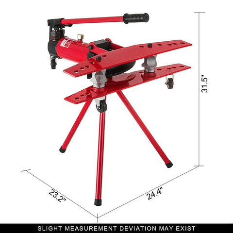 Top Shelf Manual Hydraulic Pipe Bender And Rebar Cutting Tool with red finish for bending pipes up to 2 inches, stands 31.5 inches tall.