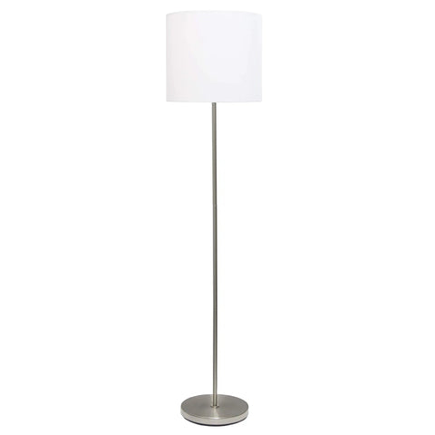 Brushed Nickel Floor Lamp With White Fabric Drum Shade Tall 58 Inch Dope Modern Look Featuring A Foot Switch Simple Yet Sleek Living Room Bedroom Hallway Lighting.