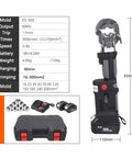 Mini Rechargeable Hydraulic Crimping Tool For Copper And Aluminum Wires Handles 16 To 300mm2 Terminals side view with dimensions and accessories