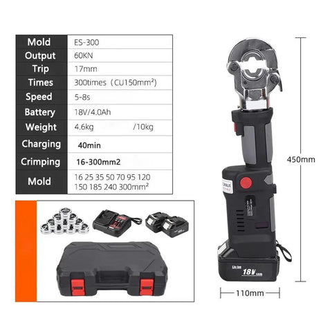 Eulukht Mini Rechargeable Electric Hydraulic Crimping Machine For Copper and Aluminum Terminals Wire Pliers 16 To 300mm2, cordless with battery and specs.