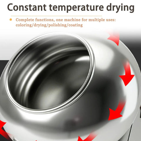 Inside view of Commercial Automatic Candy Coating Drum With Zero Hassle Speed Controls And Snappy Air Dryer used for drying and coating.