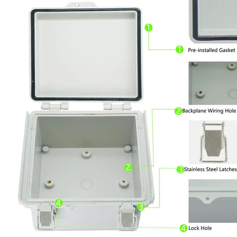 Open Junction Box Weatherproof Outdoor Enclosure IP67 ABS Plastic Dustproof Waterproof with hinged grey clear cover and stainless steel buckles