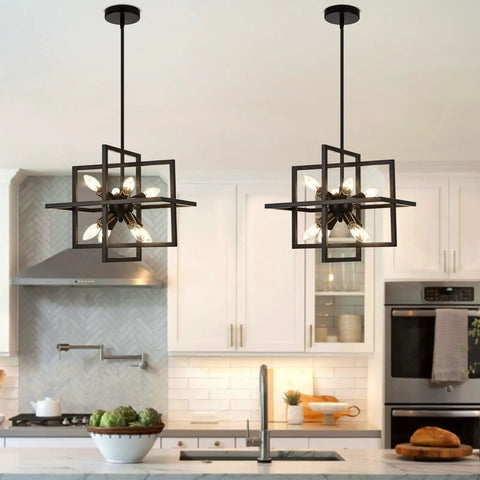 Compact Geometric Black Sputnik Pendant Light in a modern kitchen, 8-light industrial chandelier for dining rooms, UL listed fixture