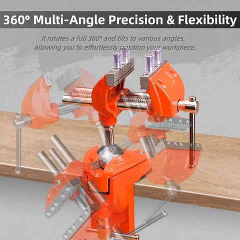 Shop Ready 3 Inch Heavy Duty Bench Vise With Rock Solid 360 Degree Ball Joint Tilt And Secure Clamp Mount For Garage Workshops Crafted From Durable Cast Steel Workshop Tools, showcasing 360-degree swivel capability.