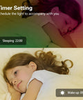 Child sleeping with 50 Feet LED Strip Lights With App Control And Remote, Music Sync RGB Color Changing, showing timer setting.