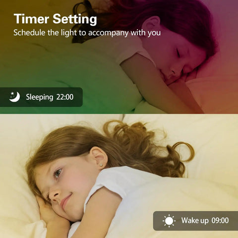 Child sleeping with 50 Feet LED Strip Lights With App Control And Remote, Music Sync RGB Color Changing, showing timer setting.
