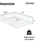 Dimensions of White Full Rubber Wood Floor Bed With Safety Guardrails And Fence Door, supports up to 400 lbs, shown.