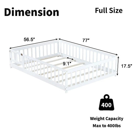 Dimensions of White Full Rubber Wood Floor Bed With Safety Guardrails And Fence Door, supports up to 400 lbs, shown.
