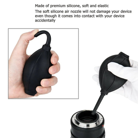 Soft and Elastic Nozzle Air Blower Cleaner For Cameras And Gadgets shown in hand with silicone nozzle cleaning camera lens