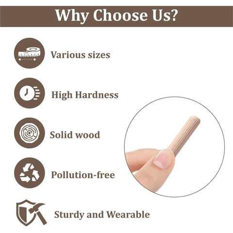 Pro Grade Top Shelf Fluted Hardwood Dowel Pin Multi Pack For Woodworking Craft Assembly And Diy Projects Hella Smooth Kiln Dried Finish With Straight Up Tight Grip hand holding fluted hardwood dowel pin with informative icons on various features.
