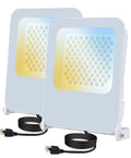 Two Pack 100W LED Flood Light Outdoor With 3CCT Selectable 3000K 4000K 6500K Plug In Waterproof Work Lights for Yard Garage Garden