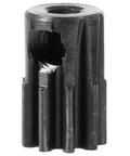 Close-up of a hardened steel pinion gear, part of the Hardened Steel Pinion Gear Set 48DP 9T 10T 14T 2mm Shaft Bore for 1 to 18 Scale RC Cars.